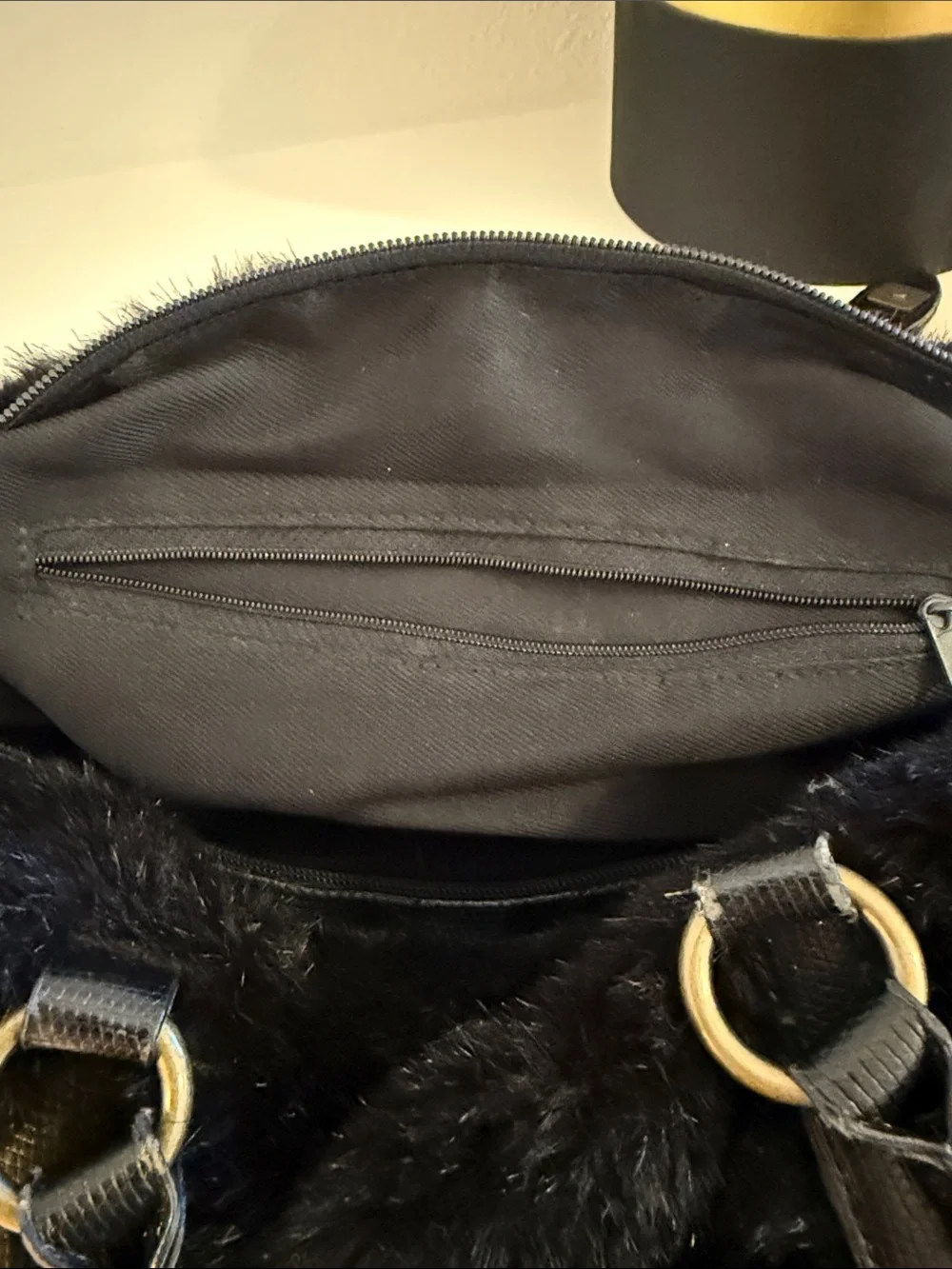 Black Faux Fur Top-Handle Satchel with Embellished Buckle